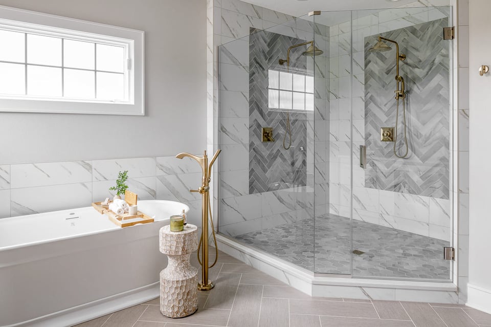 Beautiful Walk-in Shower with Glass Surround and Standing Tub