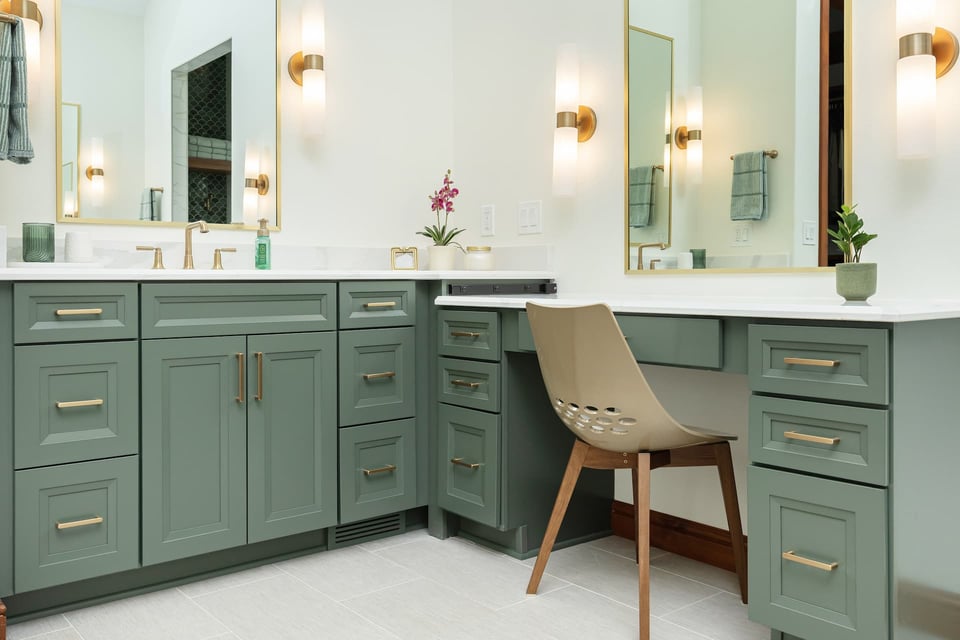 Ross bathroom with green and white theme remodeled by Compelling Homes