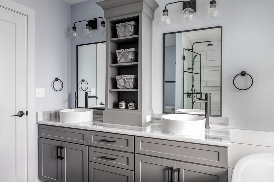 Hall Bathroom Vanity with Square Mirrors and Sinks _ Compelling Homes