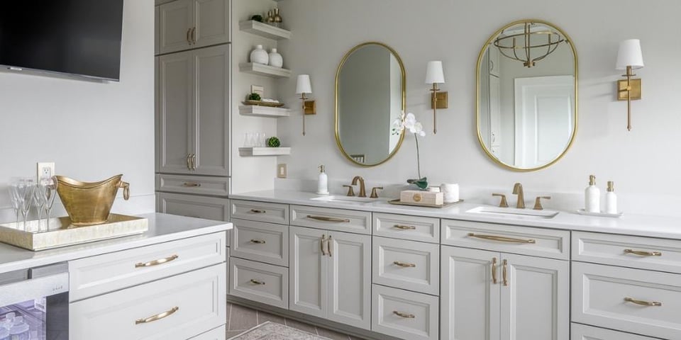 Gorgeous Modern Bathroom Remodel Boasts Insane Amount of Storage Space, a Mini-Fridge, and Double Vanity Sinks | Compelling Homes Design + Remodel