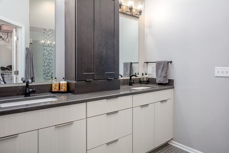 Bathroom Remodel White and Grey Cabinets with Modern Hardware Finishes