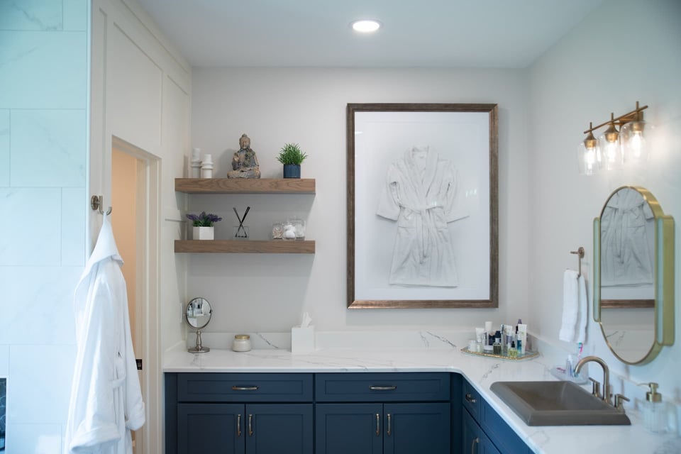 Wrap Around Cabinet And Single Vanity With A Bathroom-Rub-Like Artwork