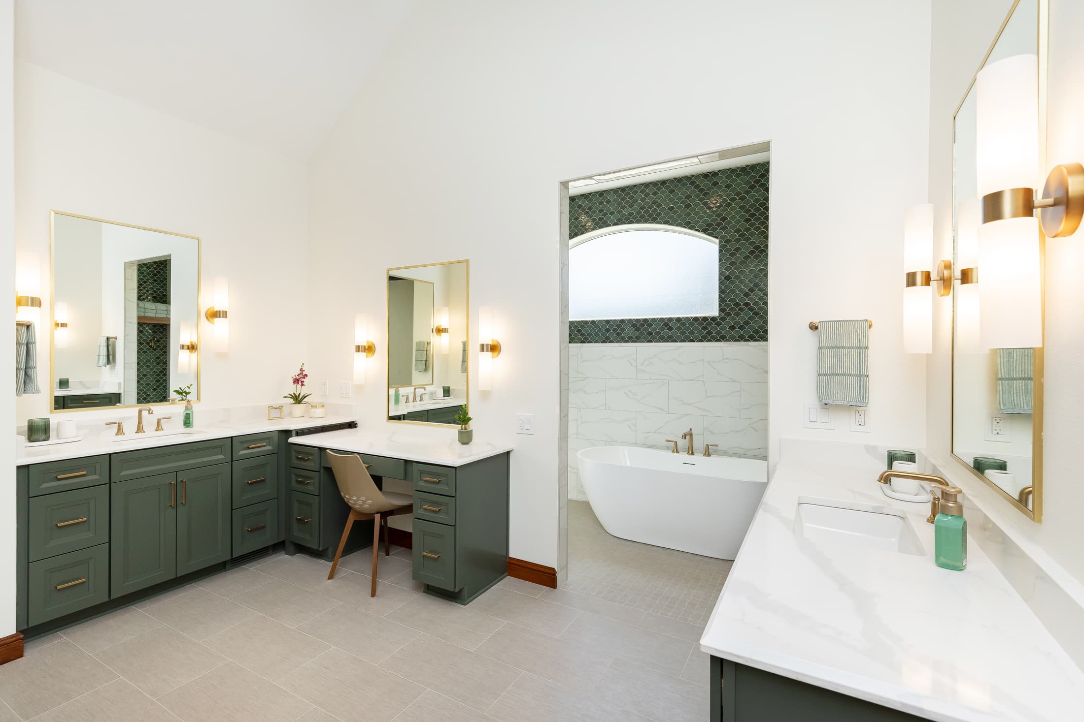 White-and-Army-Green-Themed Bathroom With Double Vanities | Compelling Homes
