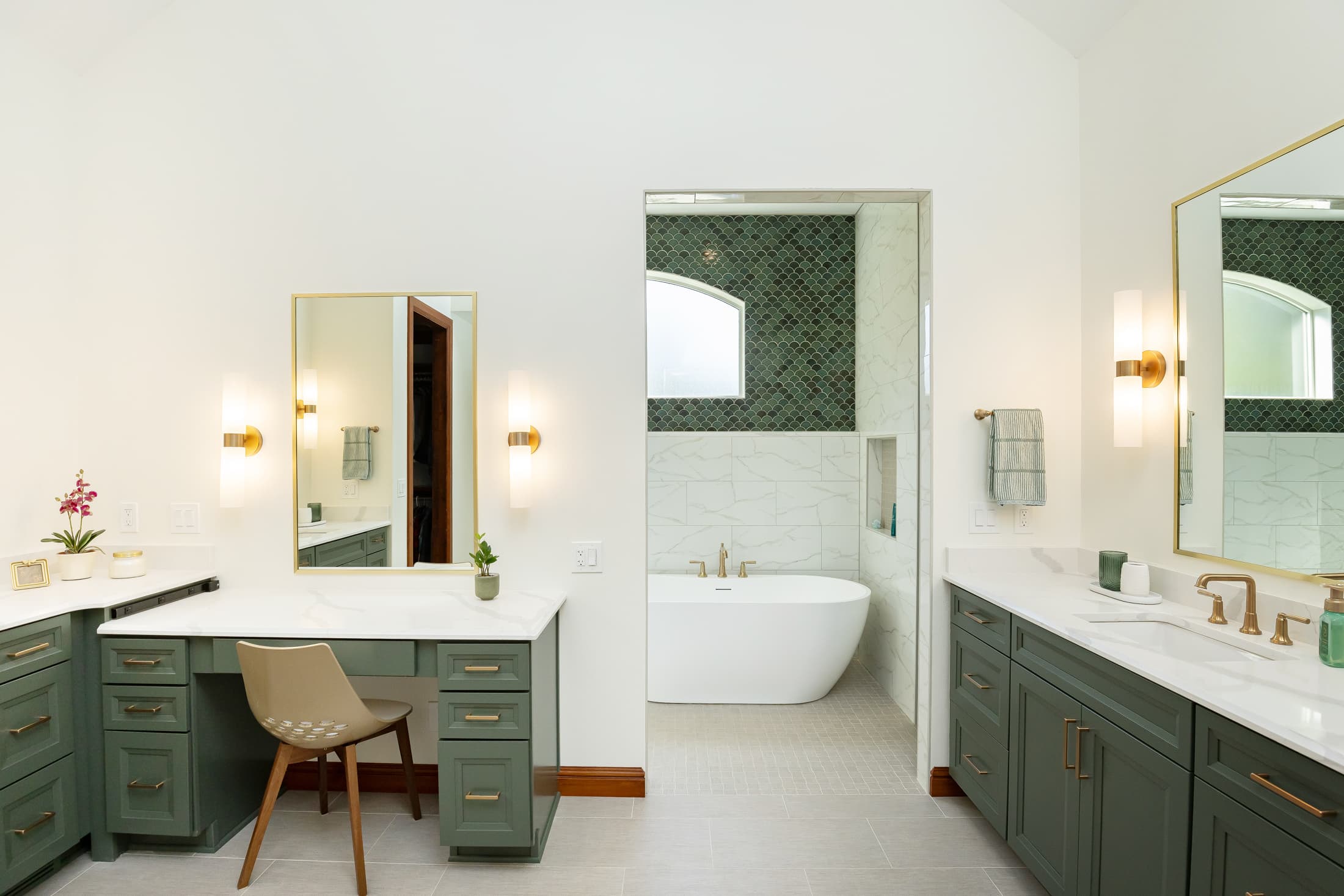 Full view of a white-and-army-green-toned Ross Bathroom remodeled by Compelling Homes