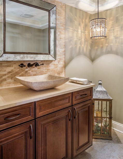 Beautiful Bathroom with Stone and Natural Accents in Walk Out Basement | Compelling Homes Des Moines, IA