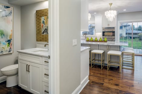 Elegant Powder Room off of Kitchen Hallway in Modern Kitchen Remodel | Compelling Homes Design-Build Experts in Des Moines, IA