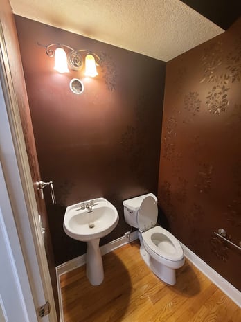 Outdated powder room with brown stenciled walls, traditional pedestal sink, and dated lighting before remodel