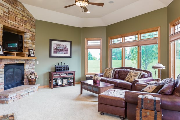 Traditional living room with arched stacked-stone fireplace, sage green walls, and leather sofa before remodel