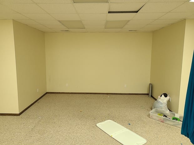 Empty unfinished basement with drop-tile ceiling, beige walls, and beige carpet before remodel