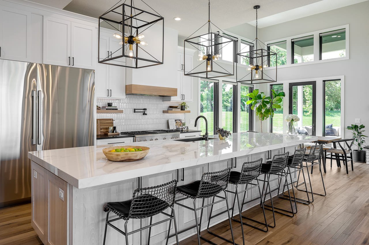 Modern Farmhouse Dream Home with 6 Seat Eat-in Island and Black Windows and Doors | Compelling Homes Remodeling + Design