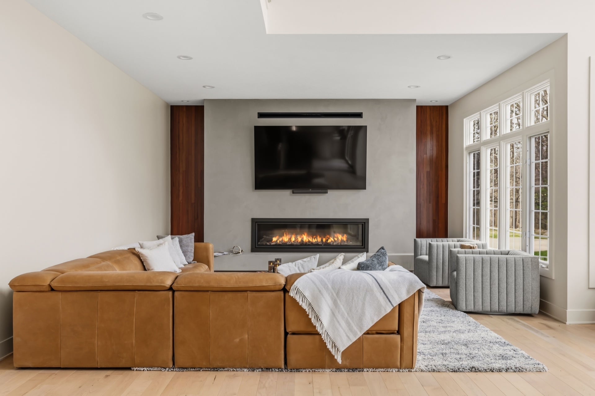 Stone & Plaster Fireplace with Cherry Accents
